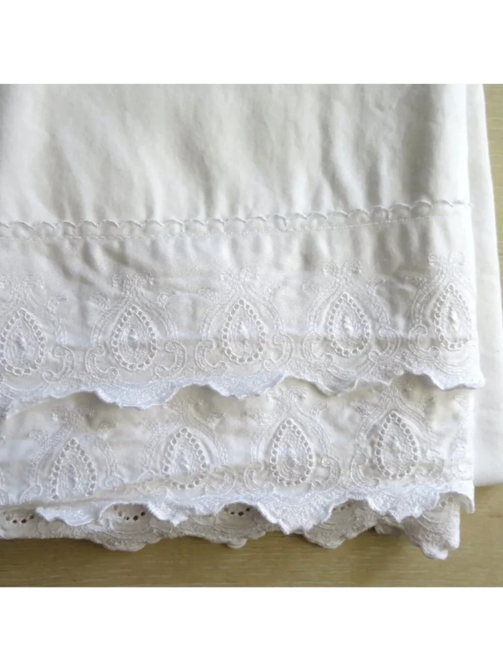 Vintage King Flat Sheet With Embroidered Scalloped Hem - White Cotton Bedding